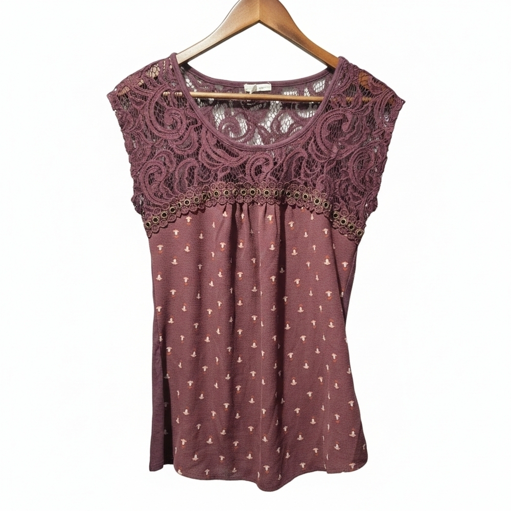 Maurices Lace Accent Blouse - Burgundy Plum Floral Casual Office Size Small - Picture 2 of 8